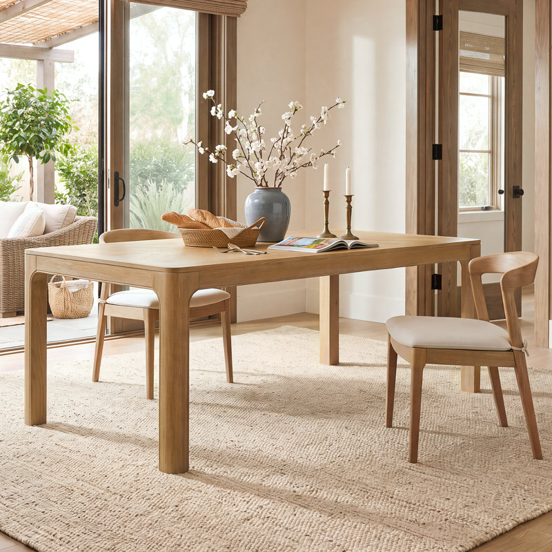 Table de salle à manger rectangulaire Tessaro en bois massif avec dessus de style parquet et pieds ajustables, Naturel
