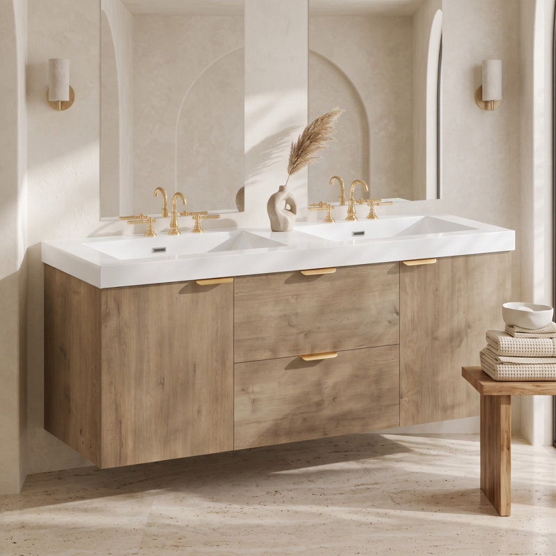 Meuble-lavabo suspendu double de 59,3 pouces avec poignées dorées