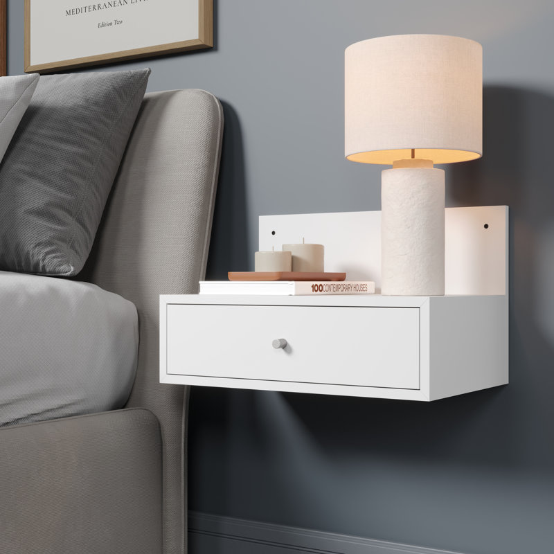 Set of 2 Floating Wall-Mounted One Drawer Bedside Tables, Compact, White