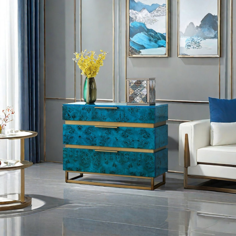 Commode décorative luxueuse de style italien, Bleu paon / or