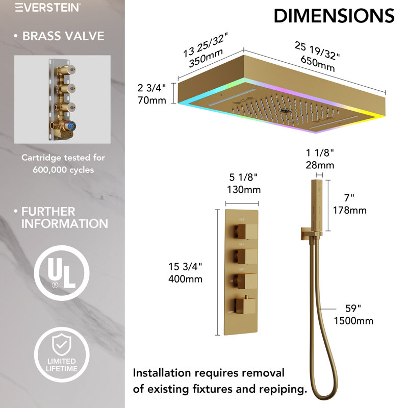 Ceiling Mounted Thermostatic Shower Faucet System, LED 4-Handle 5-Spray Shower Faucet with Music, Brushed Gold
