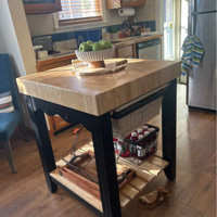 Behling Solid Butcher Block Kitchen Island with Baskets and Storage Shelf