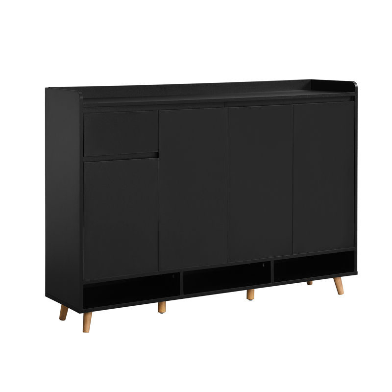 Armoire de rangement à chaussures noire avec tablettes réglables, organisateur de vestibule moderne et console avec pieds en bois massif ON-TREND