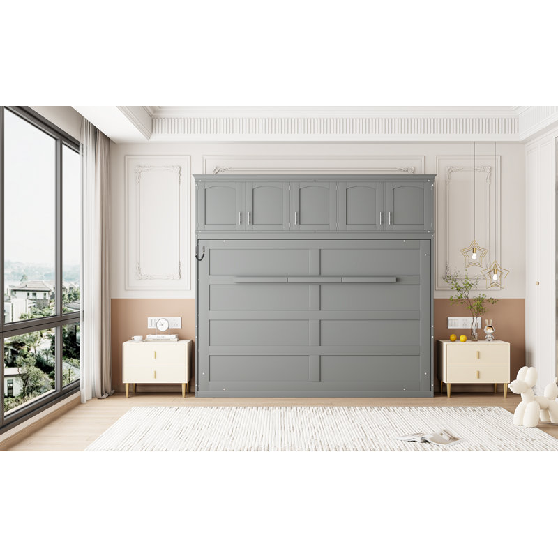 Grand lit escamotable mural avec armoires supérieures, gris, Gris, Grand lit