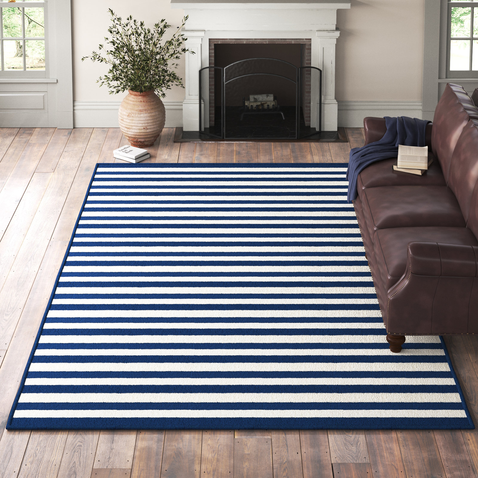 Adrienne Navy Cream Striped Indoor Outdoor Rug, Rectangle 3'11" x 5'7"