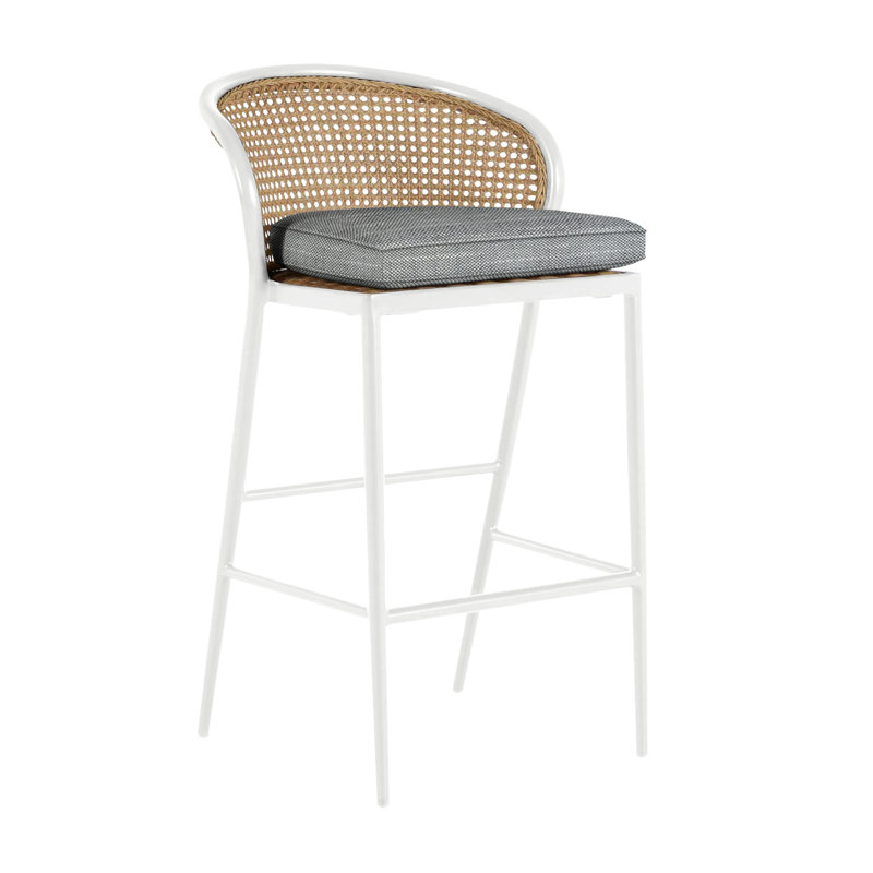 Havana 29.75" Patio Bar Stool with Cushion, Welt, Chalk/Natural Cane, Intermix Indigo