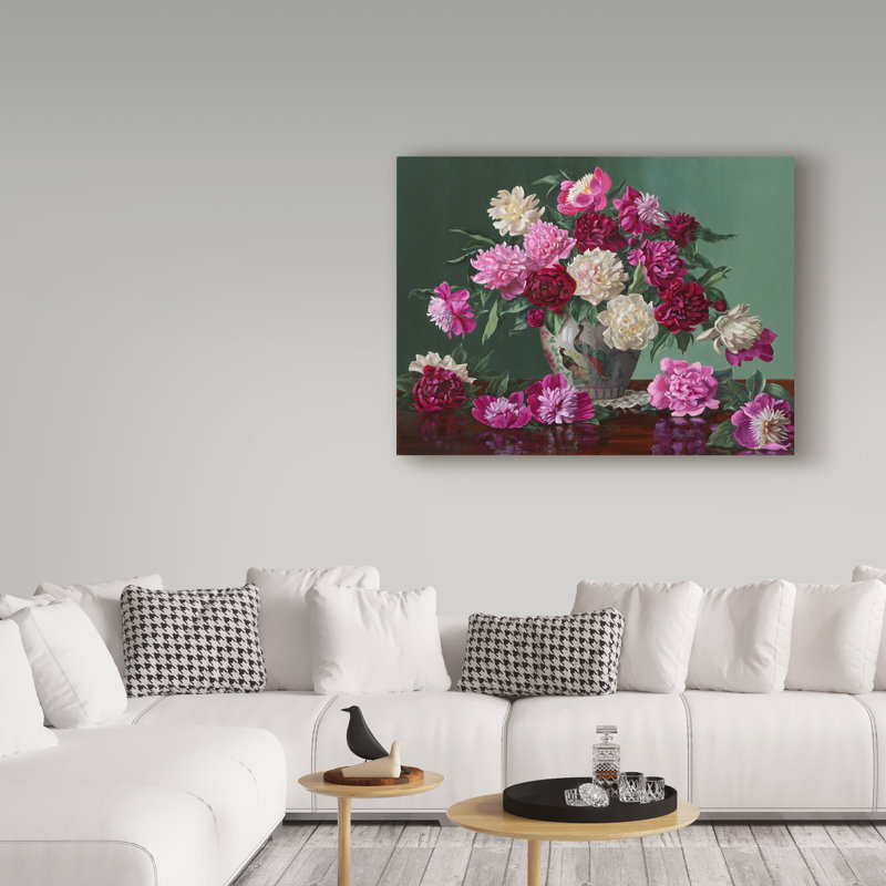 «Peonie In Peacock Vase», reproduction de peinture acrylique sur toile tendue, H 35 po x l 47 po x P 2 po