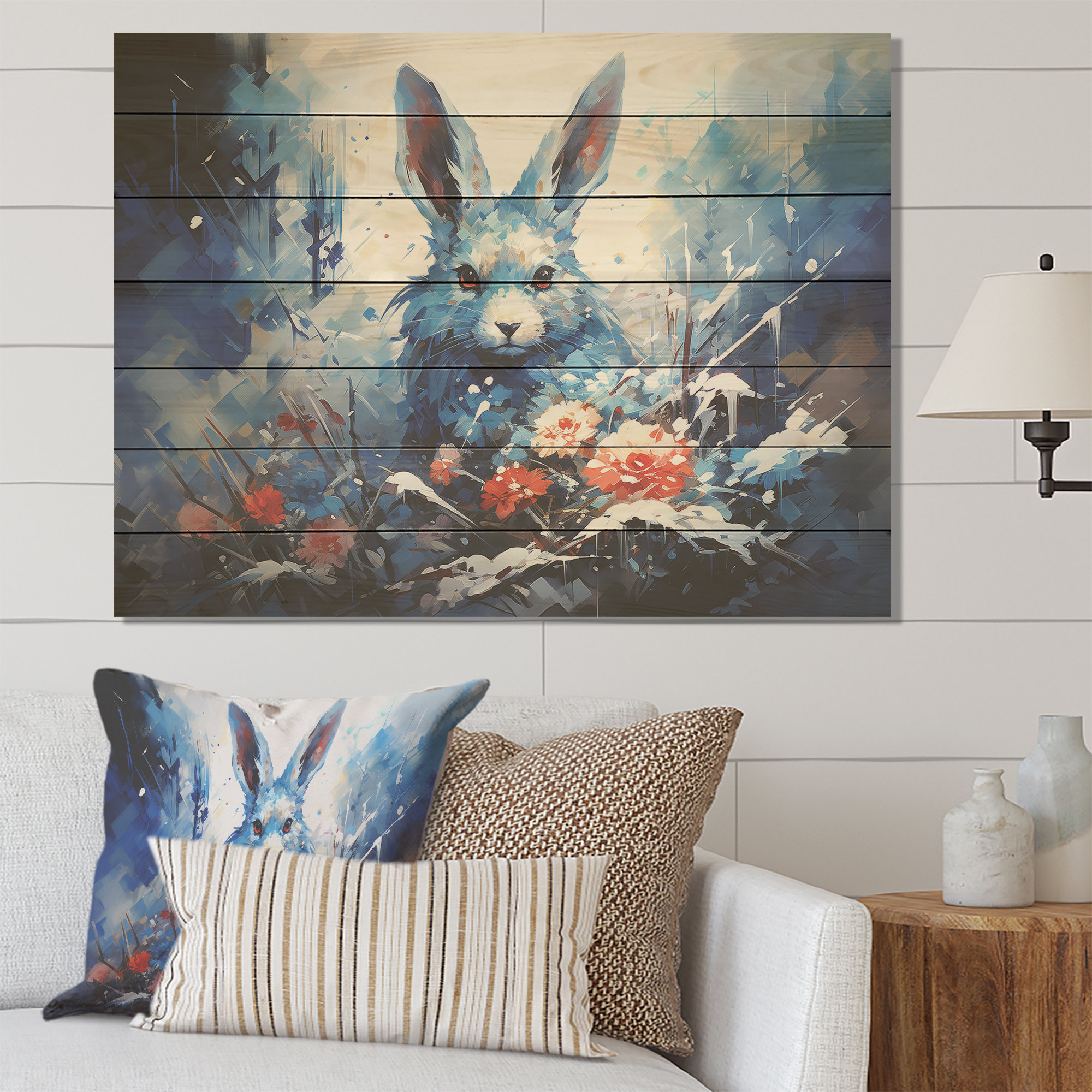 August Grove® Blue Rabbit Winter Solitude - Rabbit Animal On Wood Print ...