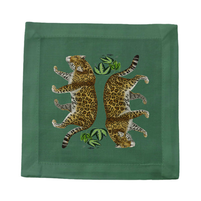 Leopard Seeing Double Cotton Sateen Cocktail Napkins, Evergreen