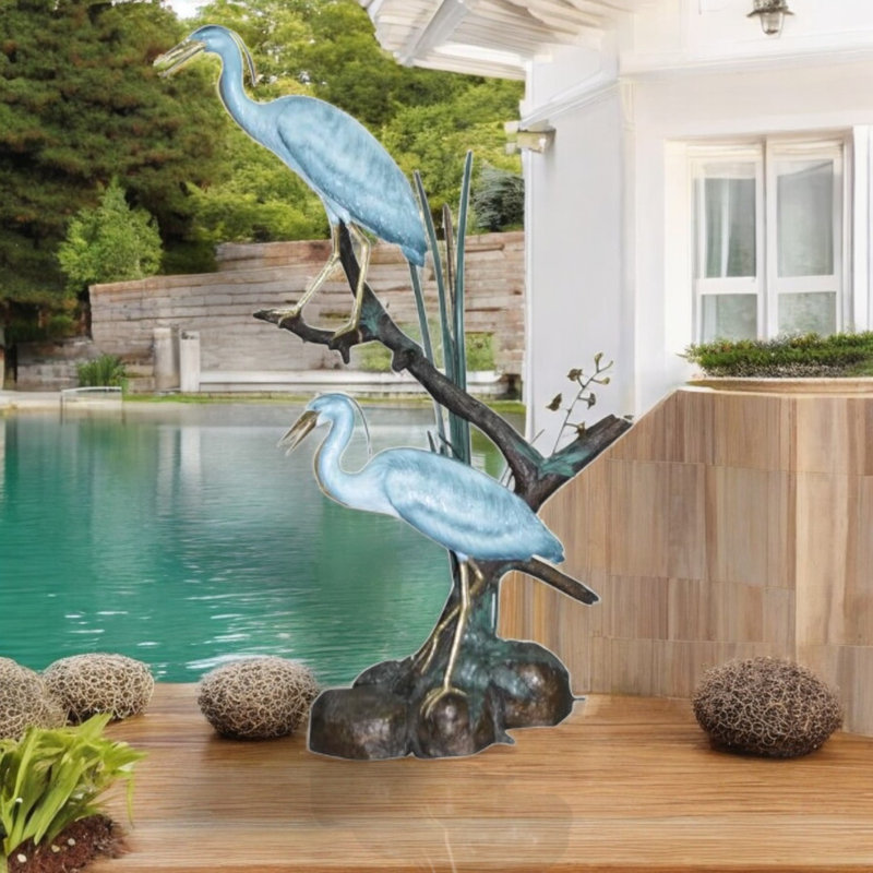 Deux grandes grues, statue en bronze, élégante sculpture de jardin parfaite pour l'extérieur L 36 po x l 21 po x H 64 po