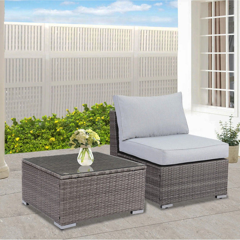 2-Piece All-Weather Outdoor Rattan Patio Furniture Set With  25.2 Inches Width Armless Sofa & Coffee Table,