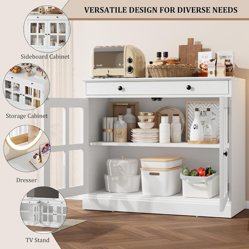 Modern 35.4" White Sideboard Buffet Cabinet with Glass Door & Drawer, Storage Cabinet for Dining Room and Kitchen, White