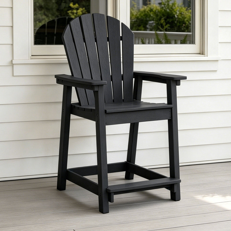 Outdoor HDPE Adirondack Chair, Patio Bar Stool, Black