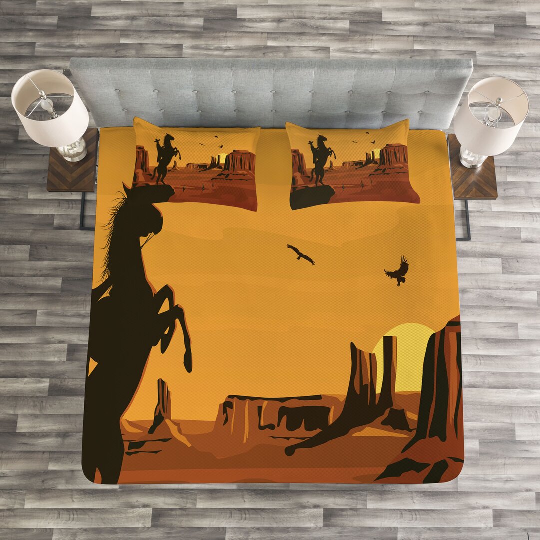 Gestepptes Bettdecken-Set, Sunset Szene und Cowboy, Western, Burnt Orange Dunkelbraun