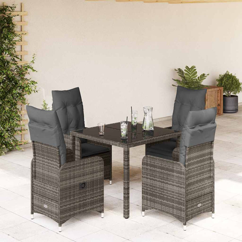  Ensemble bistro en rotin PE gris, acier, verre trempé 4 places, Gris foncé, Gris, 4