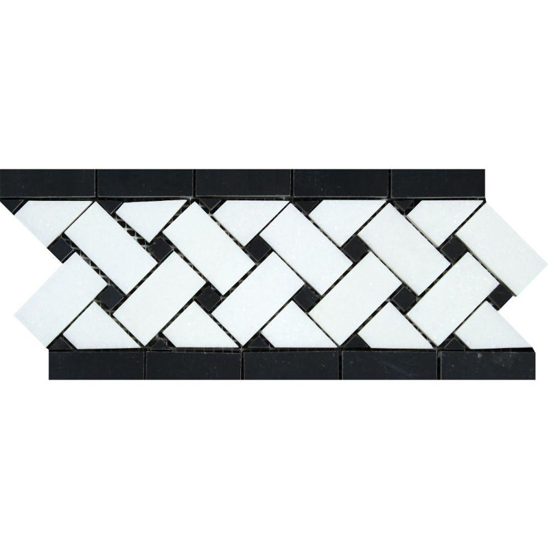 Thassos White 4 3/4" X 12" Basket Weave Border With Dots Marble Look Wall Border, Black Honed