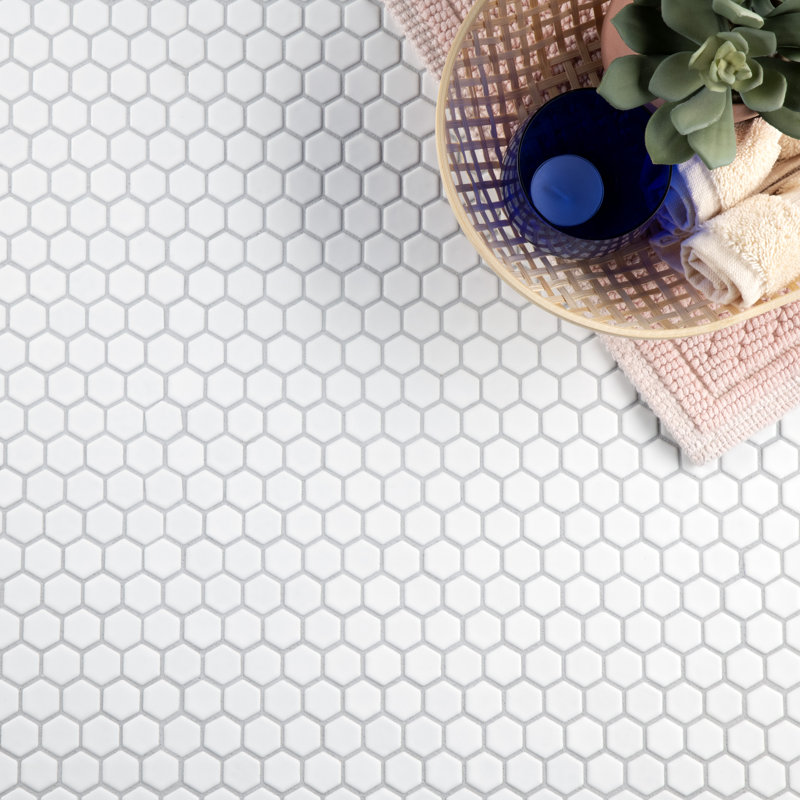 Colemena 0.77" x 0.77" Porcelain Honeycomb Mosaic Wall & Floor Tile, Milky White