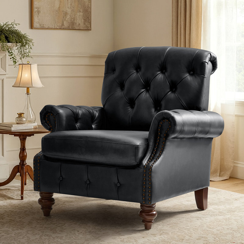 Alesha 36.5"W Traditional Cowhide Genuine Leather Accent Chair with Tufted Back, Black Genuine Leather