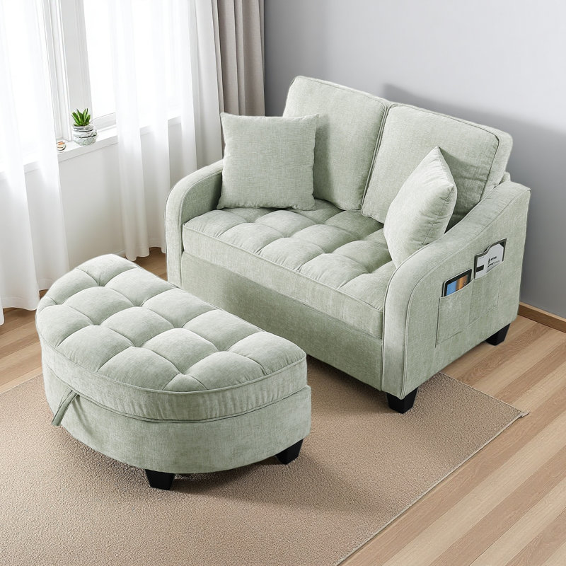 Canapé à deux places, canapé-lit double avec accoudoirs et dossiers irréguliers, repose-pieds avec espace de rangement, deux petits coussins décoratifs
