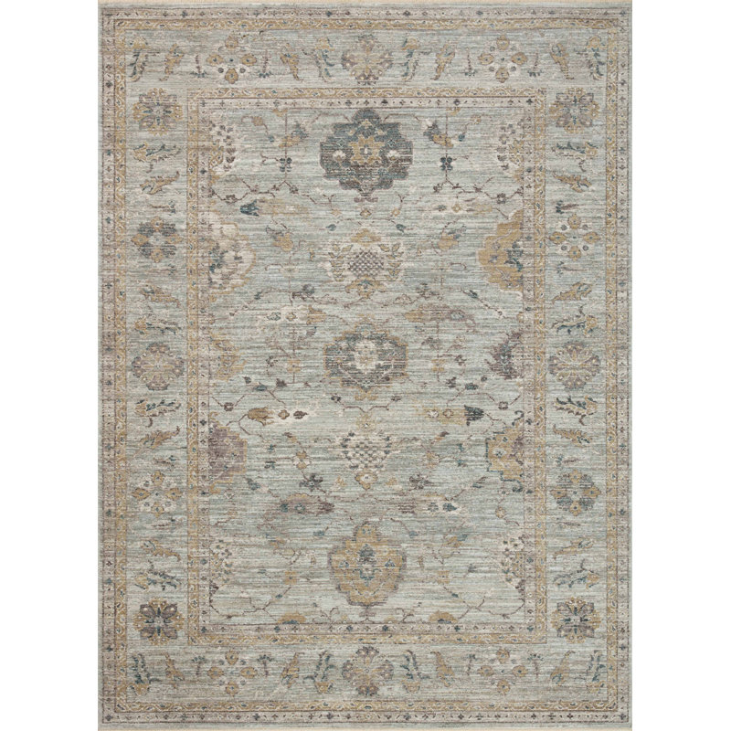 Sky & Gold Floral Washable Wool-Blend 3'6" x 5'6" Rectangular Rug