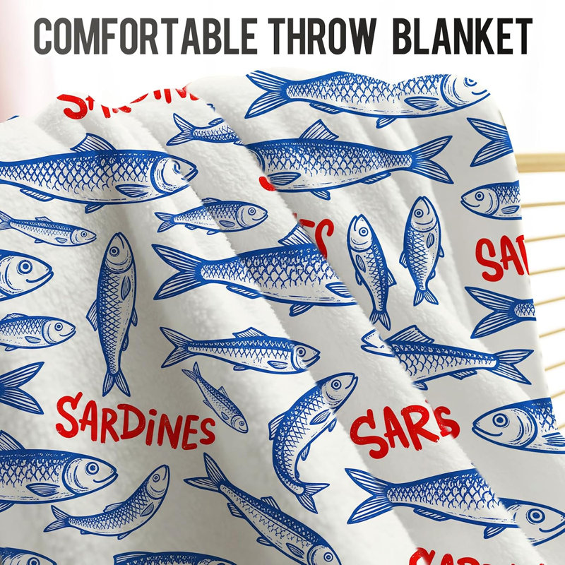 Plaid Sardines Doux, Léger et Confortable, Cadeau Décoration, 76 x 102 cm, 7.87" L x 9.84" W