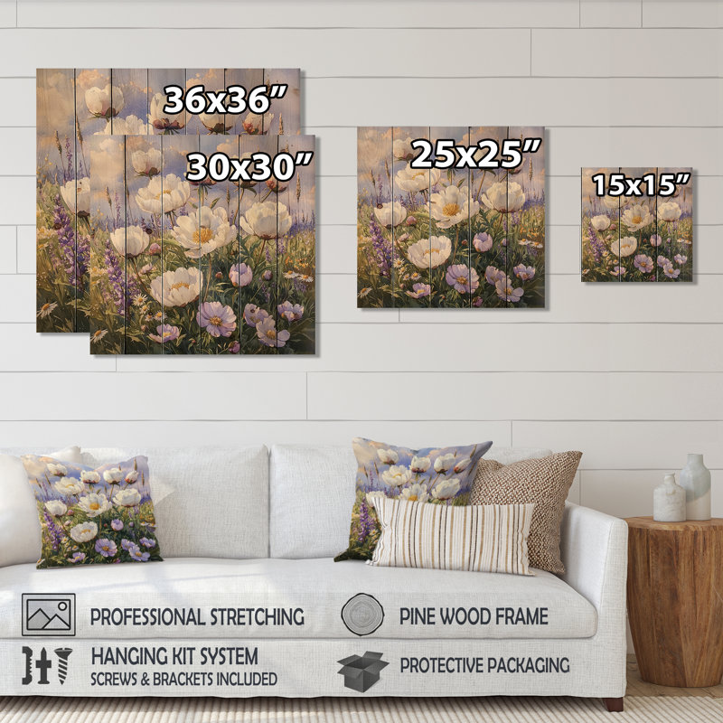 Peonies In The Wildflower Field III - Peonies Wood Wall Art - On Natural Pine Wood, 36" H x 36" W x 0.78" D