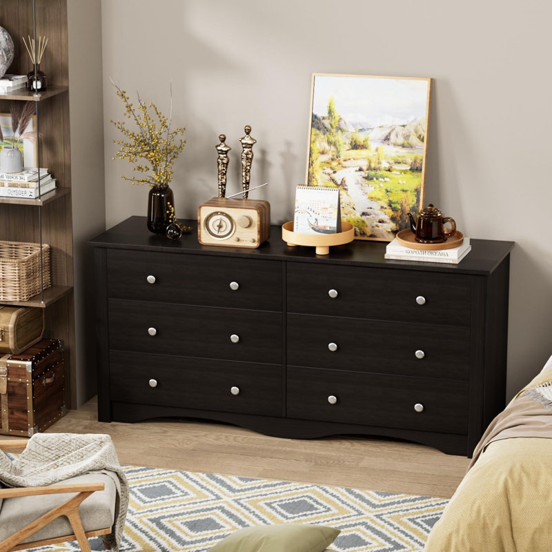 6 Drawer Double Dresser, Wide Wood Chest Of Drawers Storage Tower Storage for Living Room Bedroom, Brown