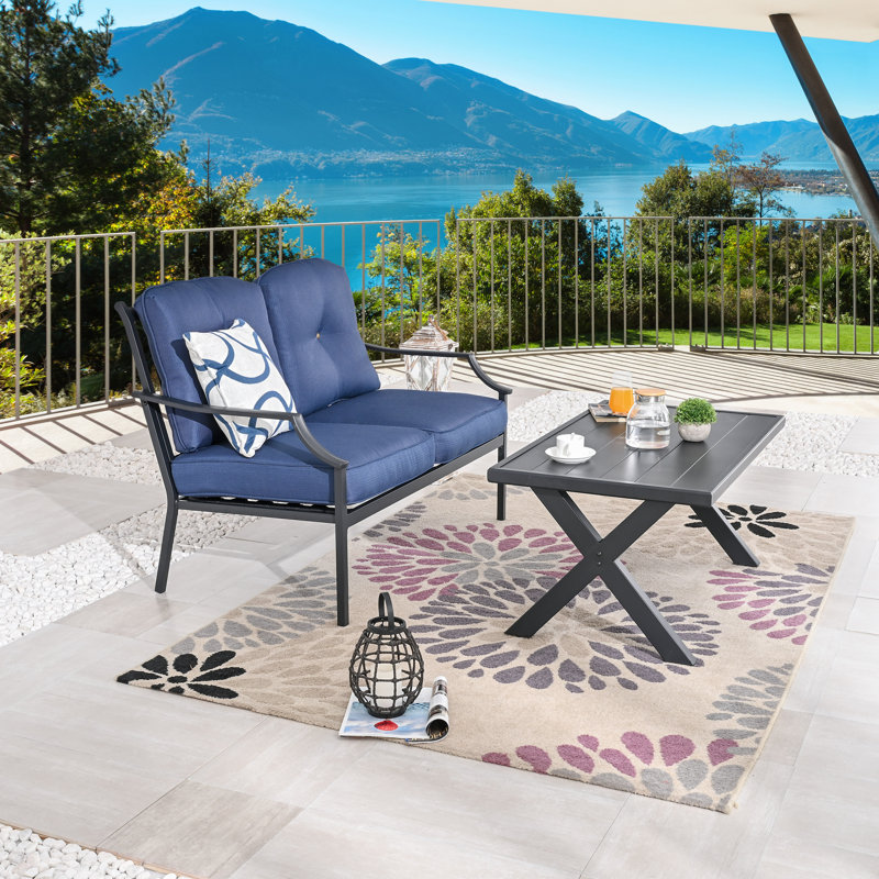 Ensemble de conversation pour causeuse d'extérieur en métal 2 pièces avec coussins bleus et table basse à lattes, Bleu