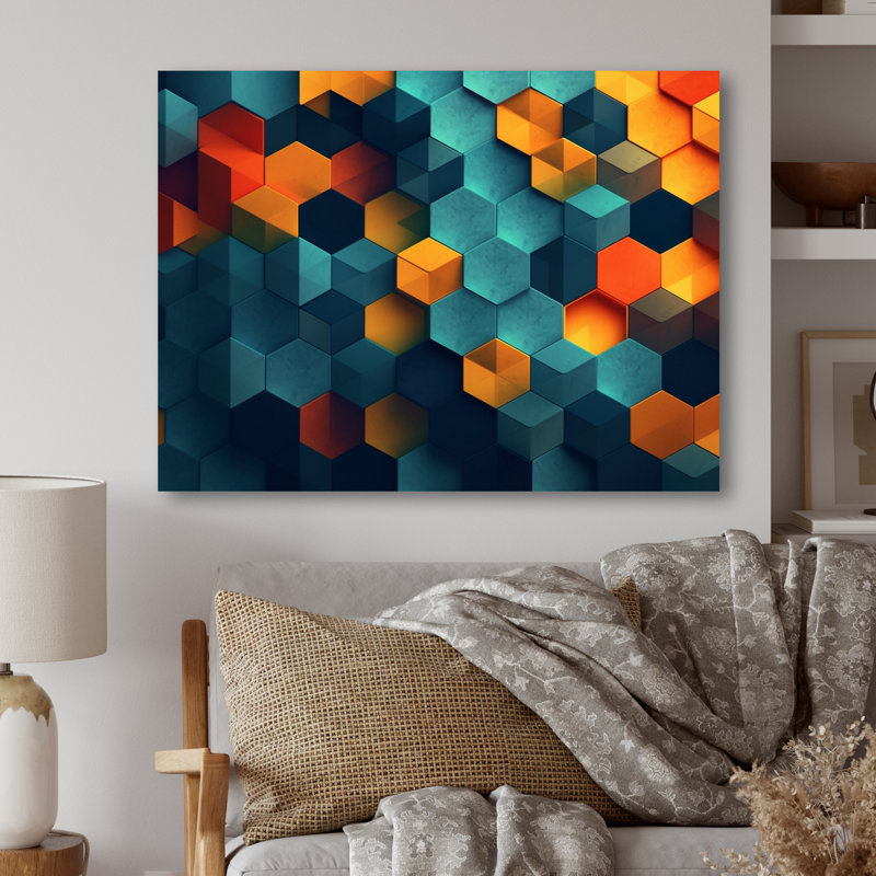 Abstractions géométriques orange et turquoise - reproduction sur métal, H 12 po x l 20 po x P 1 po
