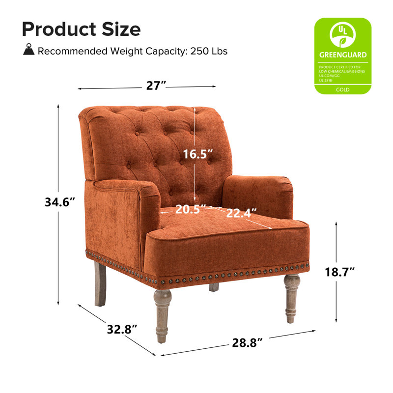 Wilkey Armchair with Tufted Back with Solid Wood Legs, Rust Polyester