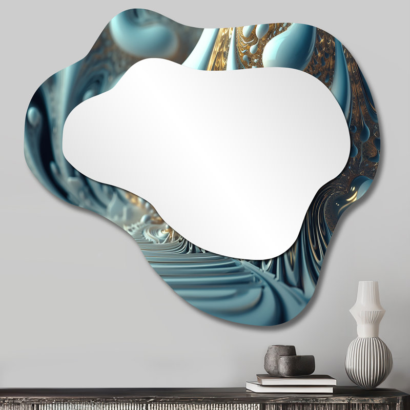 Fractal Futuristic Architecture V - Fractals Cloud Wall Mirror, Blue Asymmetrical Decorative Mirror, Printed Metal Art