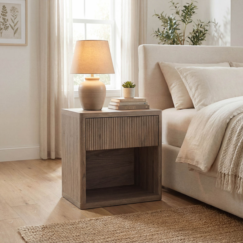 Grey Alder Fluted Mid Century Modern Wide Nightstand with Drawer Storage Bedside Table End Table for Bedroom Living Room or Home Office