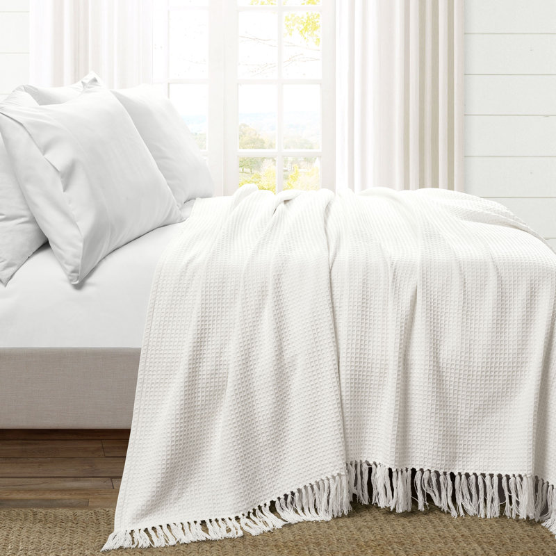 Couverture en tricot de coton gaufré, Blanc, Grand