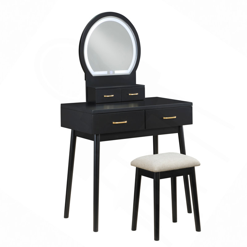 Coiffeuse avec miroir et tabouret Kamila, Noir