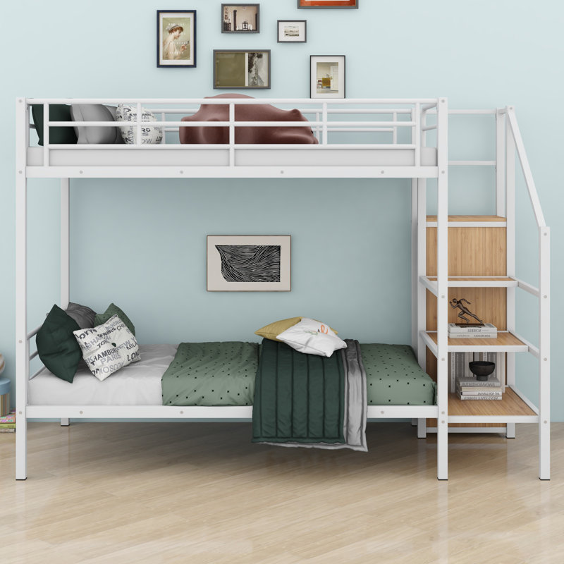 Lit superposé en métal avec échelle de rangement latérale et garde-robe, Blanc