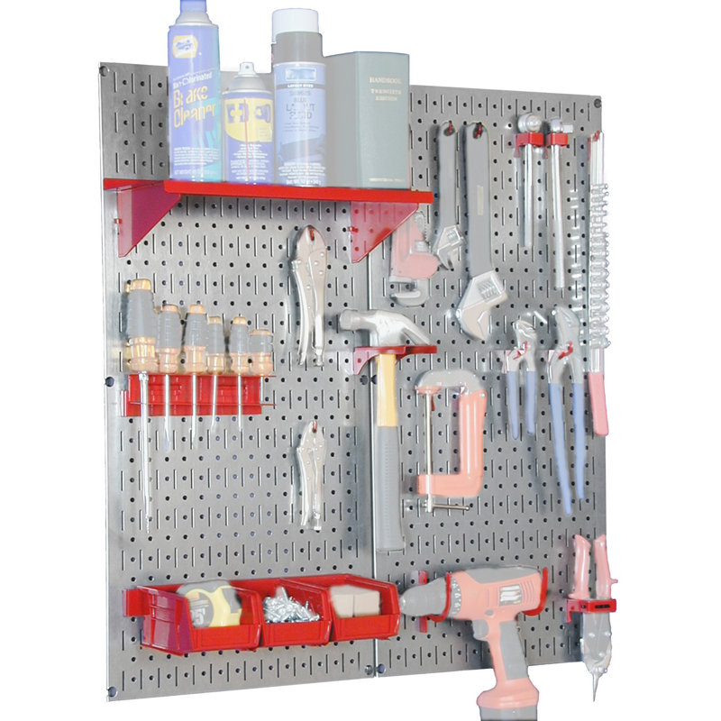 Ensemble de rangement à outils utilitaires avec panneau perforé pour le garage de H 32 po x l 32 po, Rouge