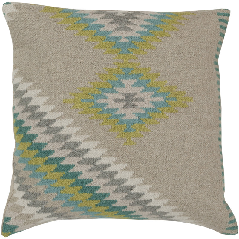 Kilim Wool Throw Pillow Cover, Neutral/Green, 18" H x 18" W x 0.25" D