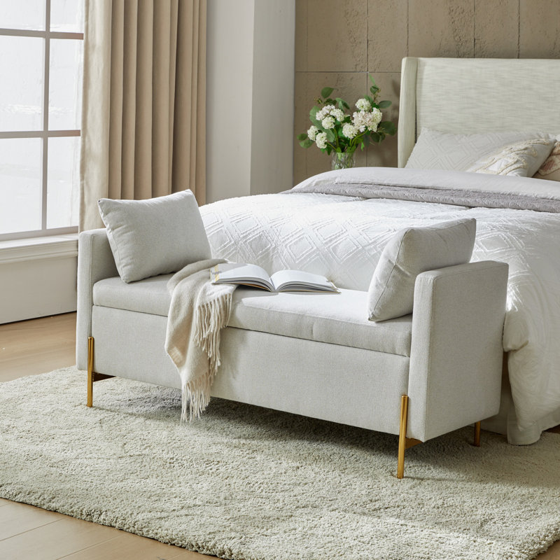 Louvenia 127cm Upholstered Flip Top Bench With Subdivided Storage and Toss Pillows, Grey
