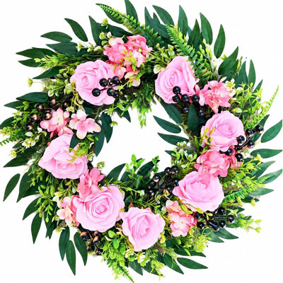 Couronnes d'été pour porte d'entrée, grande couronne d'été de 19,7 pouces avec rose réaliste, couronnes florales complètes pour porche de porte d'entrée, décoration murale de patio toutes saisons