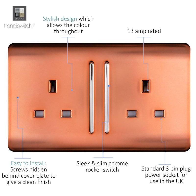 Trendi Switch 2 Gang Long Switched Plug Socket, Copper