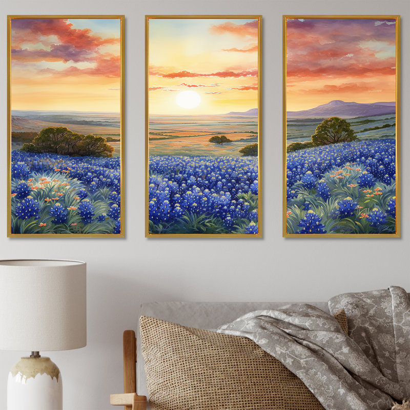 Blue Bonnets Sunset II - ensemble de décorations murales Blue Bonnets, Cadre flottant doré, H 40 po x l 60 po x P 1 po
