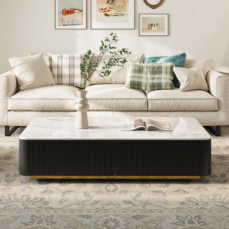 Table basse beige en faux marbre, Black/Gold