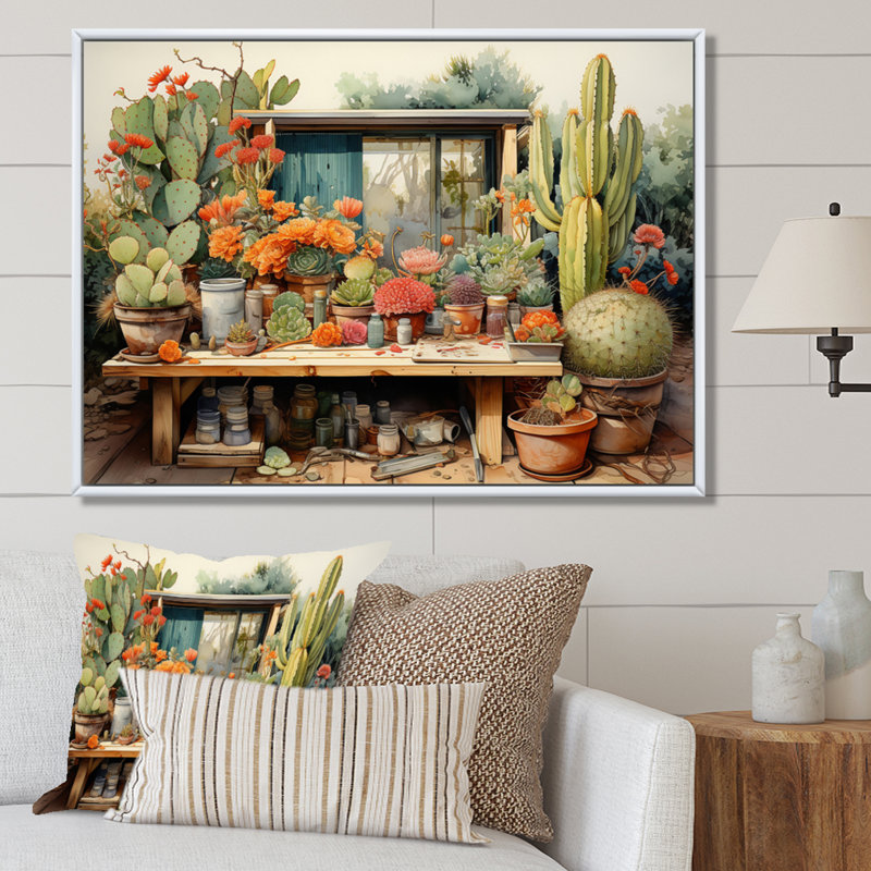 «Mexico Cactus Oasis Impasto III», reproduction d'art sur toile, H 16 po x l 32 po x P 1 po, Cadre flottant blanc