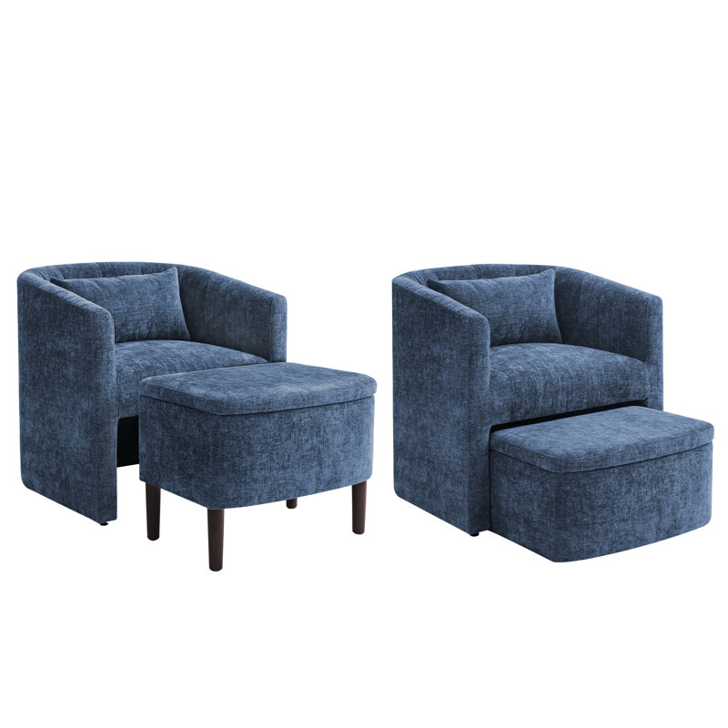 Lane Accent Barrel Chair With Storage Ottoman (Set of 2), Blue Chenille