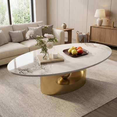 Table basse ovale moderne FFZ 49 po en faux marbre avec piètement en acier inoxydable doré