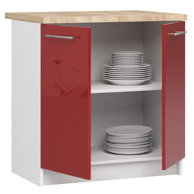 OLIWIA kitchen base cabinet in white and red gloss, 85cm H x 80cm W x 46cm D