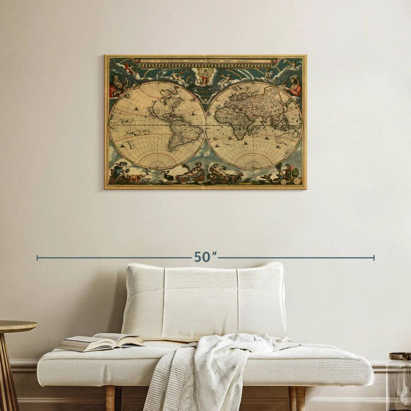 Carte du monde Aliaz des années 1600, H 24 po x l 36 po