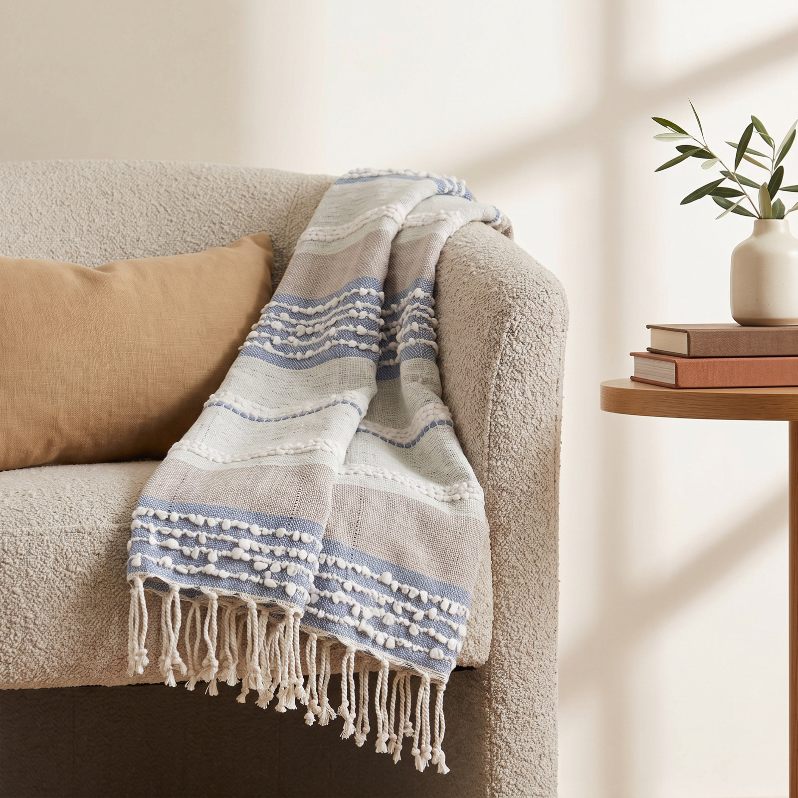 Bara Cotton Blend Hand Woven Throw Blanket, Gray/Denim