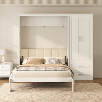 Queen Size Murphy Bed with Storage Wardrobe and Drawers, Upholstered Headboard Space Saving Wall Bed, White