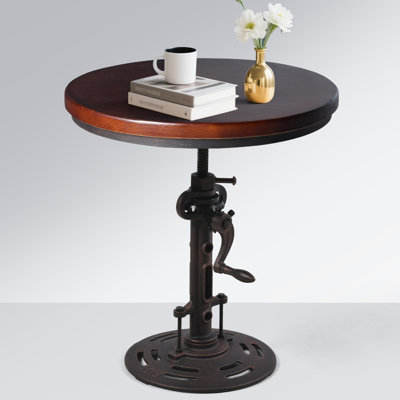 Vintage End Table With Handle Crank Industrial Bar Table Solid Wood Top Dia19.7"